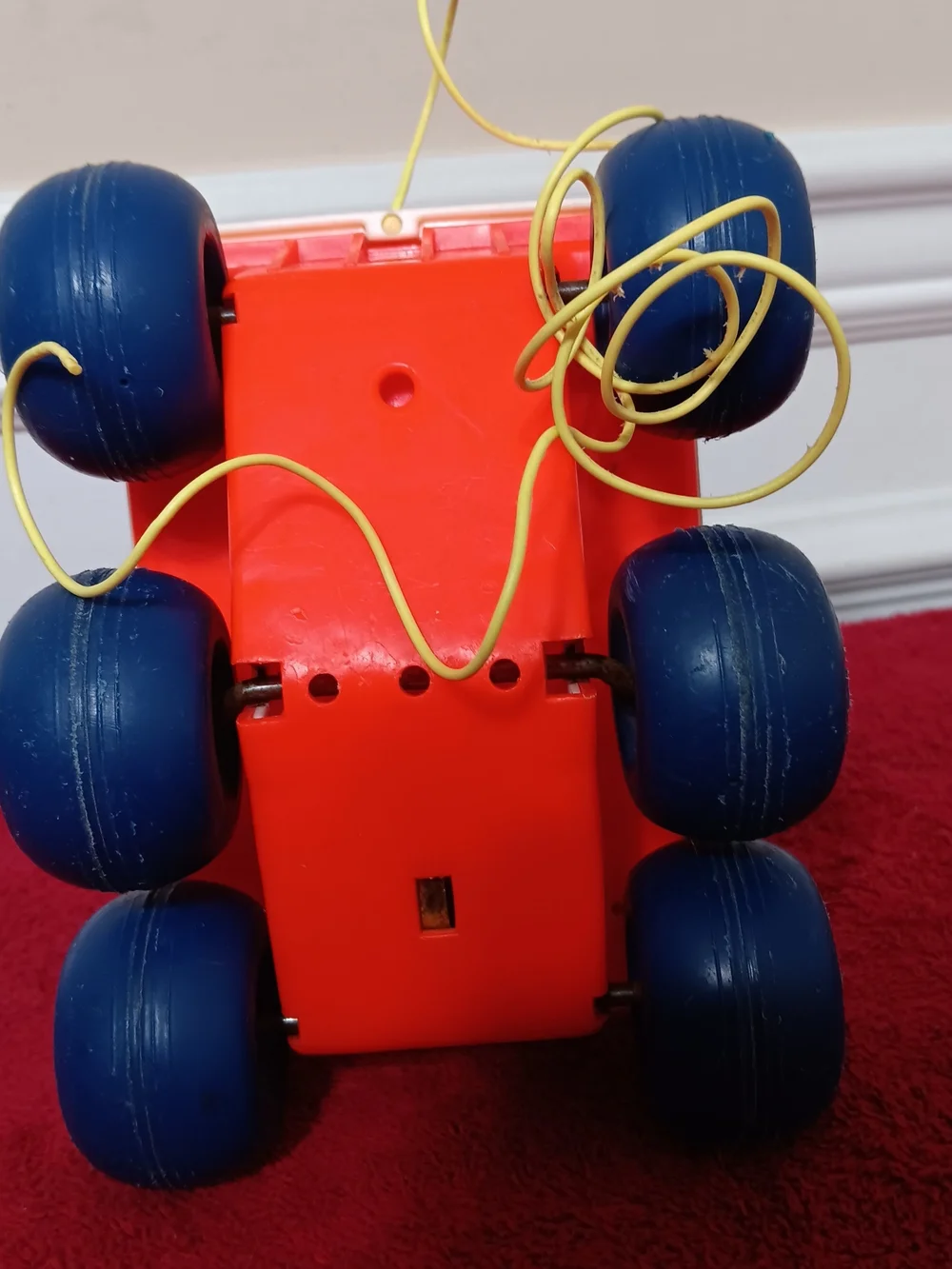 Vintage 1973 Fisher-Price Bouncing Buggy Pull Toy - White, Red & Blue